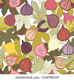 Frutos de higo coloridos y hojas vectoriales sin fisuras, ilustración de frutas abstractas decorada sobre fondo blanco para impresión textil de tela de moda, papel pintado y envoltura de papel