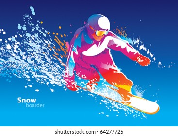 The colorful figure of a young man snowboarding on a blue sky background. Vector illustration.