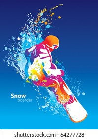 The colorful figure of a young man snowboarding on a blue sky background. Vector illustration.