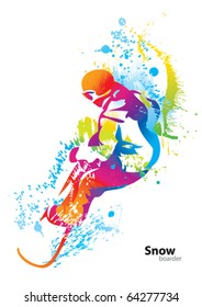 The colorful figure of a young man snowboarding with drops and sprays on a white background. Vector illustration.