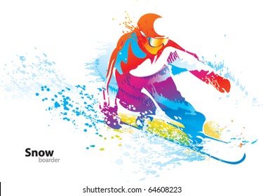 The colorful figure of a young man snowboarding with drops and sprays on a white background. Vector illustration.