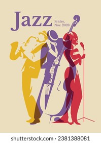 Colorful figures silhouettes. A group of three jazz musicians. Singer, saxophone, double bass. Concert, music club, entertainment poster. Vector flat illustration