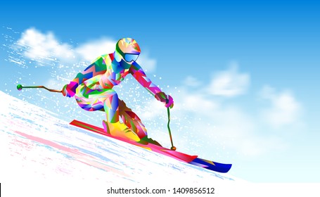 Colorful figure-silhouette of a skier on skis. Athlete skier against the sky and the sun. The athlete on mountain skiing is active, performs downhill and slalom.                                      