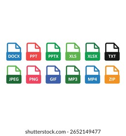 Ícones de formato de arquivo colorido DOCX PPT PPTX XLS XLSX TXT JPEG PNG GIF MP3 MP4 ZIP Design plano moderno
