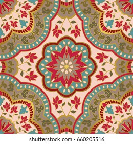 Colorful filigree pattern. Vector background. Oriental ethnic ornament. Template for textile, carpet, shawl.