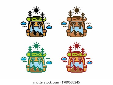 Colorful filled backpack of mountain line art illustration design