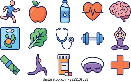 A colorful filled-outline vector icon set illustrating health, wellness, fitness, and medical concepts isolated on a white background. Features 15 universal icons including a running person, red apple, water bottle, heart with ECG pulse line, human brain, weight scale, green leaf vegetable, stethoscope, dumbbell, lotus pose yoga, rolled yoga mat, warrior pose yoga, medicine bottle with pill, sleep eye mask, and medical cross symbol. Ideal for healthcare mobile apps, fitness tracking websites, wellness blogs, medical infographics, and healthy lifestyle branding.