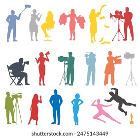 Colorful film crew silhouette isolated set on white