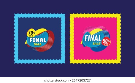 Design colorido de banner de venda final com etiquetas de desconto - até 70% de desconto. Marca de promoção de venda final de estilo plano.
Banner de venda de marketing colorido para compras on-line.
