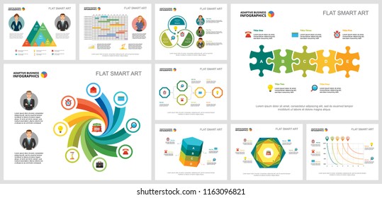 Colorful finance and analytics concept infographic charts set. Business design elements for presentation slide templates. For corporate report, advertising, leaflet layout and poster design.