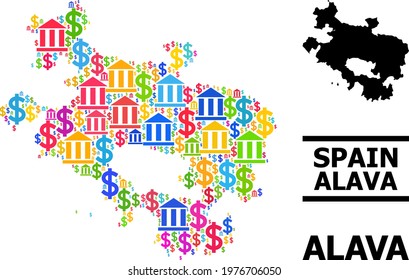 Colorful finance and commerce mosaic and solid map of Alava Province. Map of Alava Province vector mosaic for advertisement campaigns and applications.