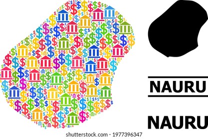 Colorful finance and dollar mosaic and solid map of Nauru. Map of Nauru vector mosaic for geographic campaigns and agitation. Map of Nauru is designed with colorful bank and dollar icons.