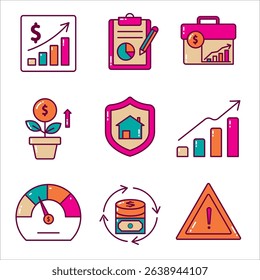 colorful finance icon set illustrating financial growth, reports, investments, savings, economic risk, security, money flow, and financial dashboards.