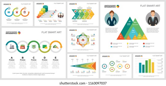 Colorful finance or research concept infographic charts set. Business design elements for presentation slide templates. Can be used for financial report, workflow layout and brochure design.