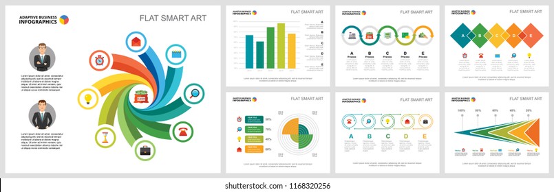 Colorful finance and research concept infographic charts set. Business design elements for presentation slide templates. Can be used for annual report, advertising, flyer layout and banner design.