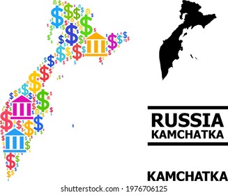 Colorful financial and dollar mosaic and solid map of Kamchatka Peninsula. Map of Kamchatka Peninsula vector mosaic for advertisement campaigns and projects.