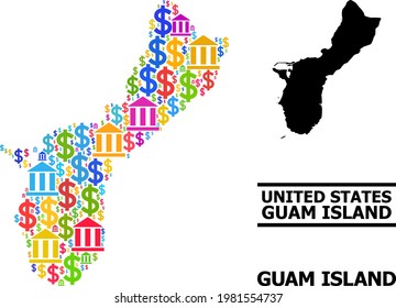 Colorido mosaico financiero y en dólares y sólido mapa de la isla de Guam. Mapa del mosaico vectorial de la Isla de Guam para campañas y proyectos geográficos.