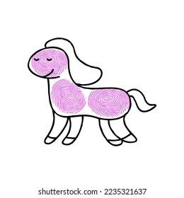 Colorful fingerprint horse cartoon illustration. Idea for painting animals with fingerprints for kids. Cute childish drawing. Game, learning, education, development concept.