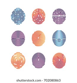 Colorful fingerprints icons - biometric info. Vector biometric fingermark illustration flat