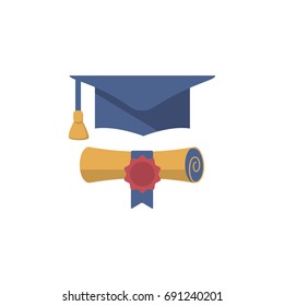 Colorful finish education symbol.  Graduation cap and diploma rolled scroll.  Flat vector illustration.