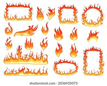 Colorful fire flame. Effect flames, glowing fire symbols. Burning cartoon round frame, hot red bonfire. Heating graphic shapes recent vector set