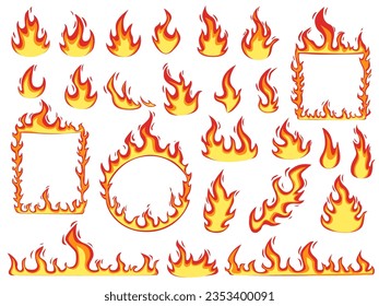 Llama de fuego colorida, marcos de fuego y pancartas. Diversas llamas de dibujos animados diseño gráfico, fogatas, quemaduras o símbolos calientes hoy en día colección de vectores