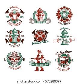 Colorful fire protection labels set with firefighter skull rescue tools and equipment in vintage style isolated vector illustration