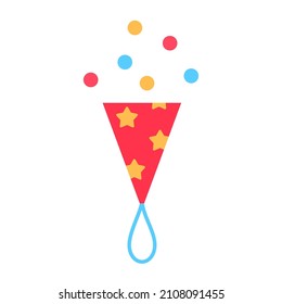 Colorful firecracker flat icon isolated on white background. Carnival red festival birthday party event pyrotechnic. Festive object confetti design. Fire cracker symbol decoration vector illustration.