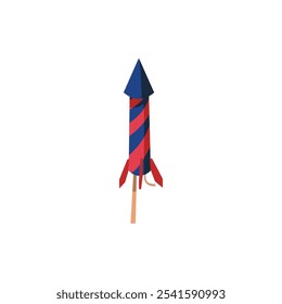 Colorful firecracker rocket in red and blue stripes, ready to be launched. Festive atmosphere. Fireworks, salutes and confetti. Festival, party or New Year. Vector illustration on white background.