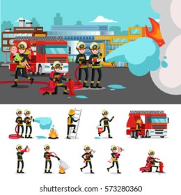 Colorful firefighting composition with rescue brigade extinguishing fire saving child and firefighters in different situations vector illustration