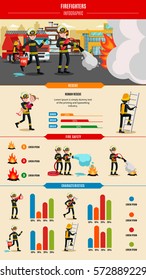 Colorful firefighting infographic concept with professional firefighters in uniform rescue equipment and tools vector illustration