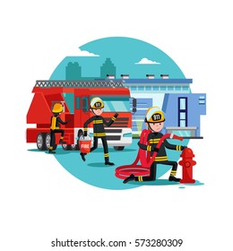 Plantilla para extinción de incendios colorida con la ilustración de vectores de bomberos de la brigada de rescate de bomberos y equipo