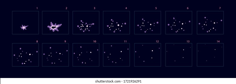 Animación colorida con fuegos artificiales . Chimenea para juegos, dibujos animados o dibujos animados. Conjunto de animación freams. - Vector