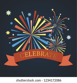 Colorful firework background with ribbon and star on blue dark background