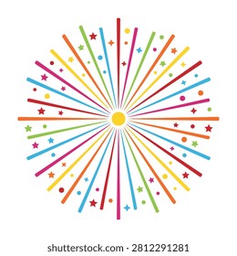 Colorful firework burst with multicolored lines and stars on white background, festive and celebratory atmosphere