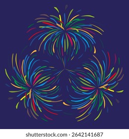 Colorful firework bursts. Festive explosion vector. Celebration night event. Dynamic light spectacle.