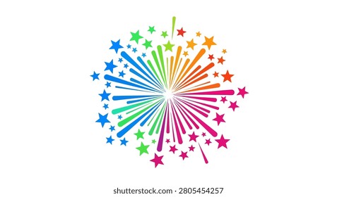A colorful firework display featuring radiating lines and star shapes in a rainbow spectrum against a plain white background