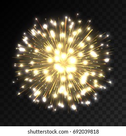 Colorful firework explosion on transparent background. White, gold and yellow lights. New Year, birthday and holiday celebration firework on black. Abstract Vector illustration