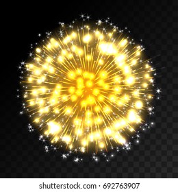Colorful firework explosion on transparent background. White, gold and yellow lights. New Year, birthday and holiday celebration firework on black. Abstract Vector illustration