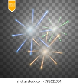 Colorful firework explosion on transparent background. White, gold and yellow lights. New Year, birthday and holiday celebration firework on black. Abstract Vector illustration