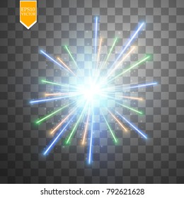 Colorful firework explosion on transparent background. White, gold and yellow lights. New Year, birthday and holiday celebration firework on black. Abstract Vector illustration