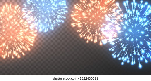Colorful Firework Explosions in Red, Blue, and Gold Lights on Dark Transparent Background, Perfect for Party, Celebration, Festival, Holiday, and New Year Designs. Vector Illustration.