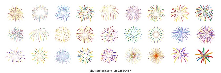 Colorful Firework Explosions Set. Bright Festive Elements on Transparent Background