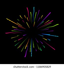 Colorful firework on black background. Festive decoration. Vector card.