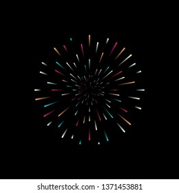 Colorful firework on black background. Festive decoration. Vector card.