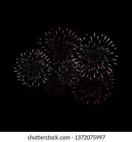 Colorful firework on black background. Festive decoration. Vector card.