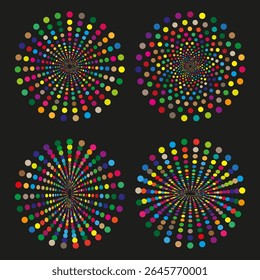 Colorful firework pattern. Radiant burst design. Vector explosion elements. Bright celebration shapes.