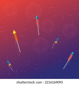 Colorful firework rocket flying with festive firecrackers bursting in different patterns on colorful background. Fireworks background. space for your text. Vector illustration