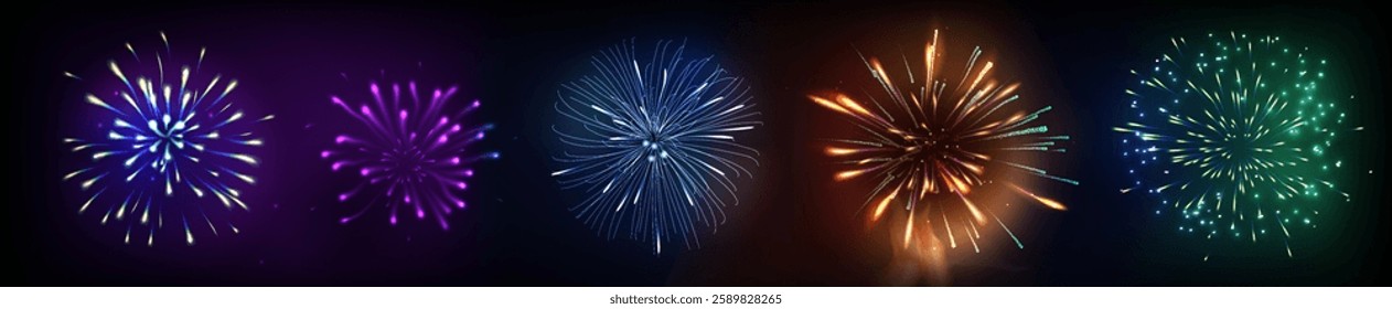 Colorful firework set with bright multicolored bursts explosive effects on dark night sky background. Illuminated pyrotechnic firecrackers with radiant sparkling pattern for festive celebration design