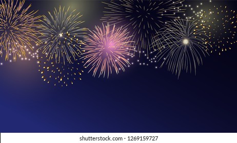 colorful firework set bursting in the blue sky at night in vector illustration. concept for background template for celebration in 2019 new year and Christmas festive seasonal